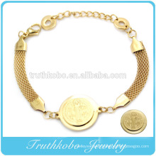 Gold Charm Catholic Stainless Steel WIth San Benito Medel Bracelet